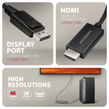 Aktyvus DisplayPort -> HDMI 2.0b kabelis Axagon RVD-HI20C2, 1,8 m, 4K/60 Hz