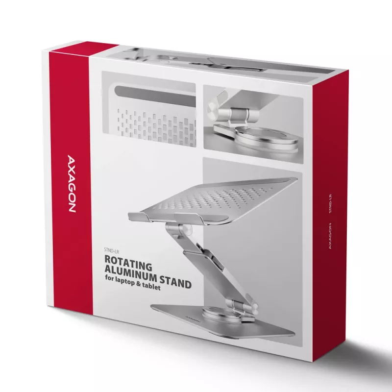 Axagon STND-LR aliumininis stovas su 360° sukimu nešiojamiesiems kompiuteriams 10''–17,3''