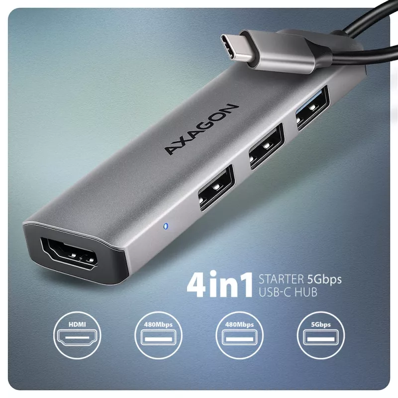 Axagon HMC-H3A USB 5Gbps USB-C centrinis įrenginys, 3x USB-A, HDMI 4K/30Hz, 15 cm USB-C laidas