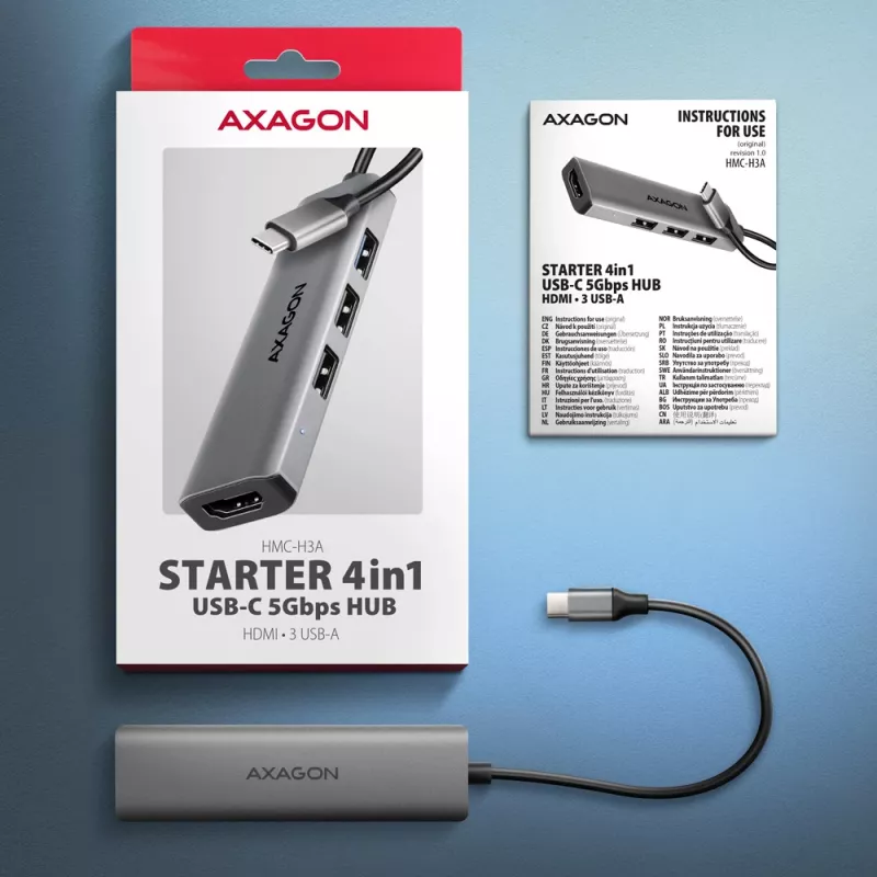 Axagon HMC-H3A USB 5Gbps USB-C centrinis įrenginys, 3x USB-A, HDMI 4K/30Hz, 15 cm USB-C laidas
