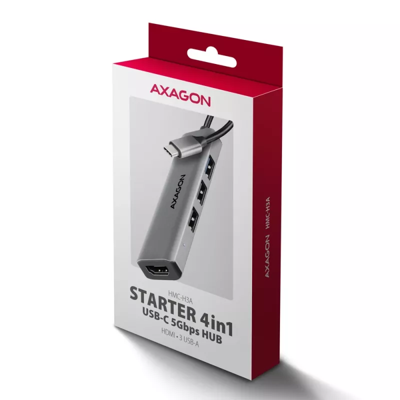 Axagon HMC-H3A USB 5Gbps USB-C centrinis įrenginys, 3x USB-A, HDMI 4K/30Hz, 15 cm USB-C laidas