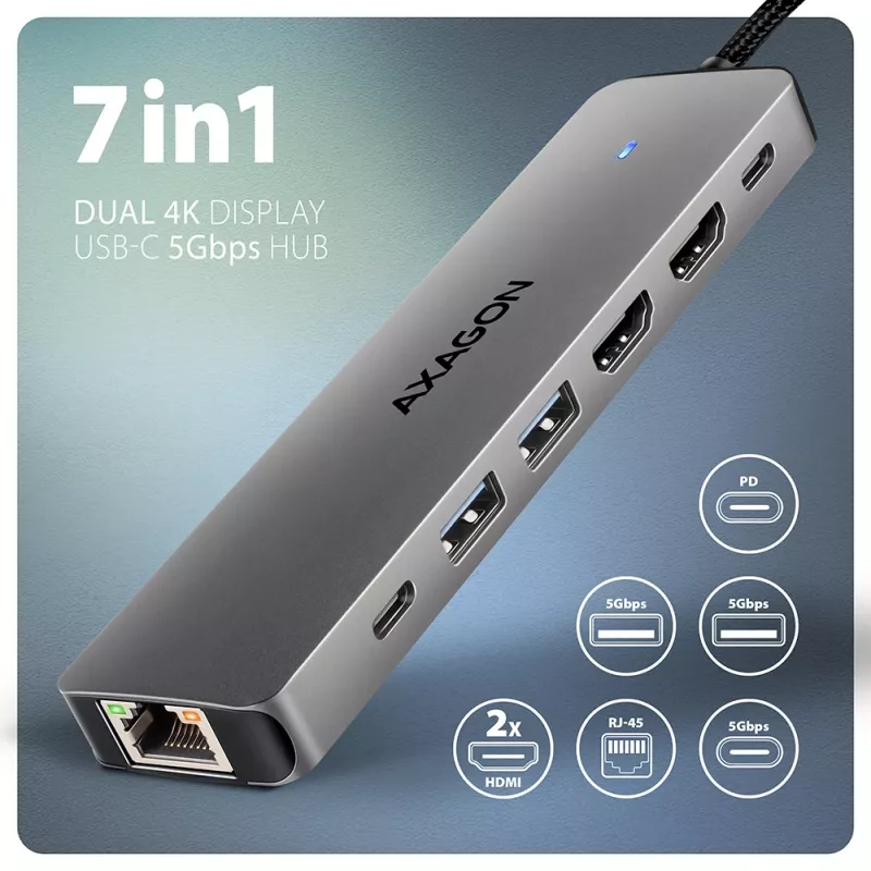 Axagon HMC-7HX2 USB 5Gbps šakotuvas, 2x USB-A, USB-C, 2x HDMI 4k/60Hz, RJ-45, PD 100W