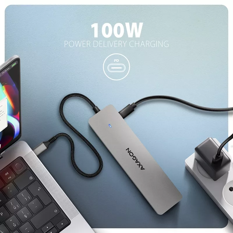 Axagon HMC-7HX2 USB 5Gbps šakotuvas, 2x USB-A, USB-C, 2x HDMI 4k/60Hz, RJ-45, PD 100W