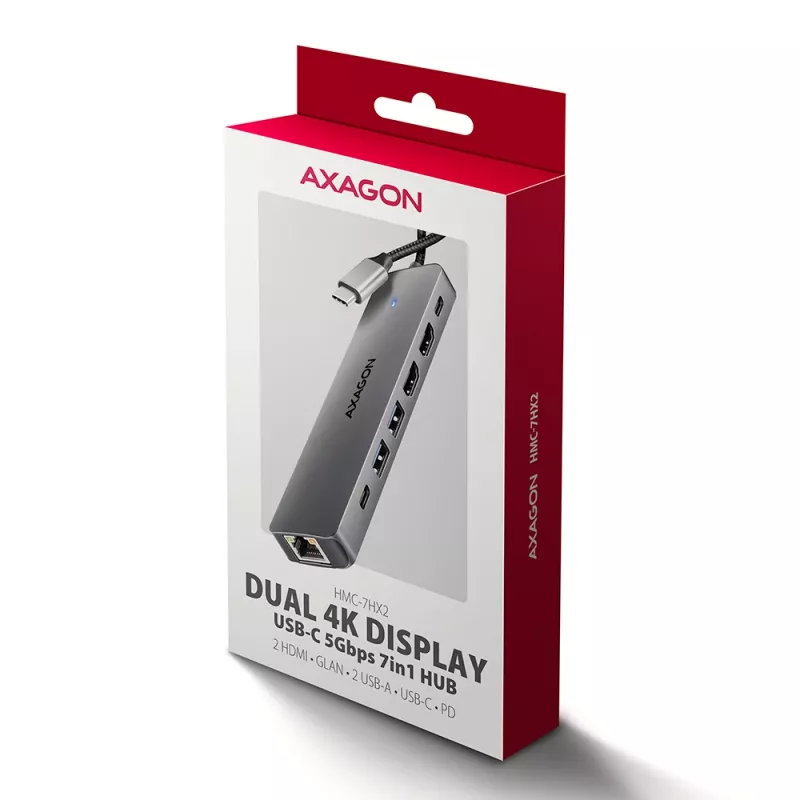 Axagon HMC-7HX2 USB 5Gbps šakotuvas, 2x USB-A, USB-C, 2x HDMI 4k/60Hz, RJ-45, PD 100W