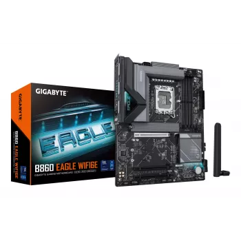 GIGABYTE B860 EAGLE WIFI6E pagrindinė plokštė – Intel Core Ultra procesoriams, 12+1+2+1 fazių VRM, iki 9066 MHz DDR5, 1xPCIe 5.0 + 2xPCIe 4.0 M.2, 2,5 GbE LAN, WIFI 6E, USB 3.2 Gen 2x2