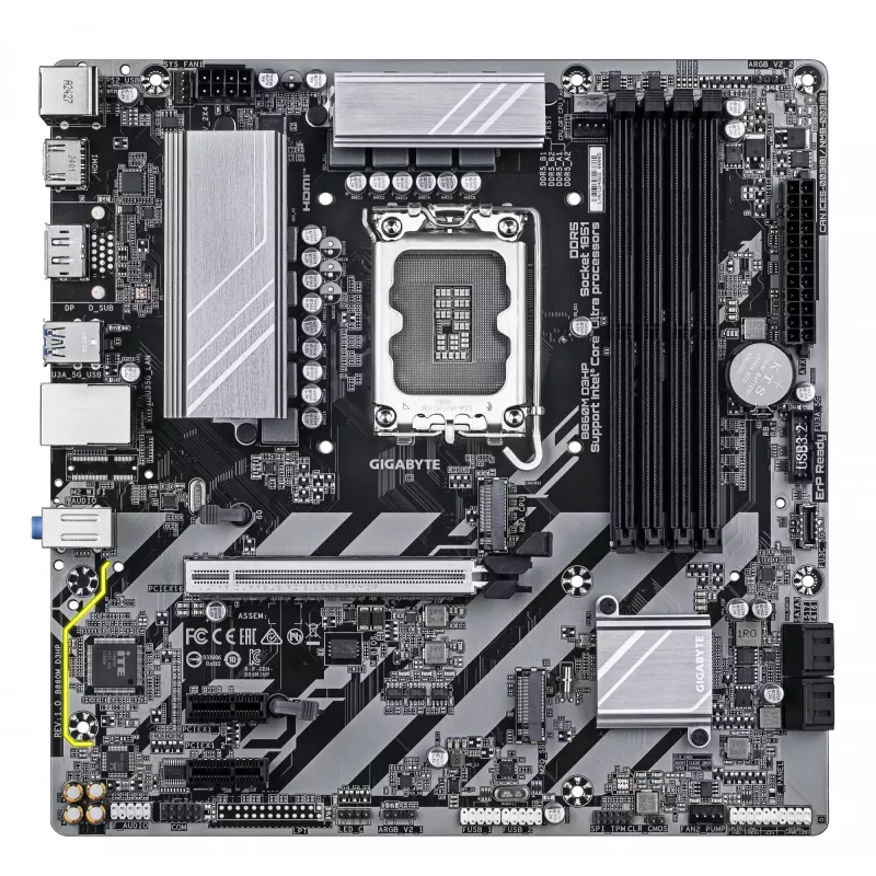 GIGABYTE B860M D3HP pagrindinė plokštė Intel Core Ultra procesoriams, 4+1+2+1 fazių VRM, iki 9066 MHz DDR5, 2xPCIe 4.0 M.2, GbE LAN, USB 3.2 Gen 1