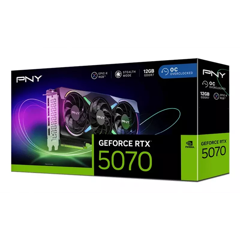 PNY GeForce RTX 5070 12GB ARGB Overclocked Triple Fan – 12GB GDDR7 – DisplayPort 2.1b / HDMI 2.1b
