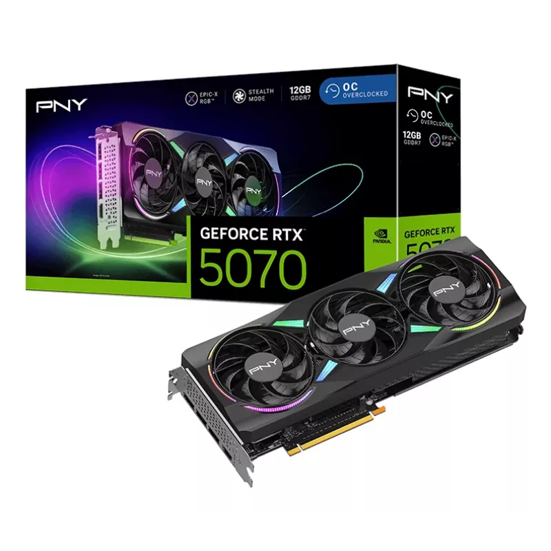 PNY GeForce RTX 5070 12GB ARGB Overclocked Triple Fan – 12GB GDDR7 – DisplayPort 2.1b / HDMI 2.1b