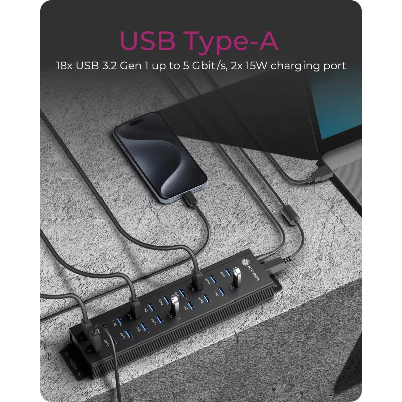 ICY BOX IB-HUB1720-U3 USB 3.2 Gen 1 tipo A 7 prievadų stalinis USB šakotuvas, juodas