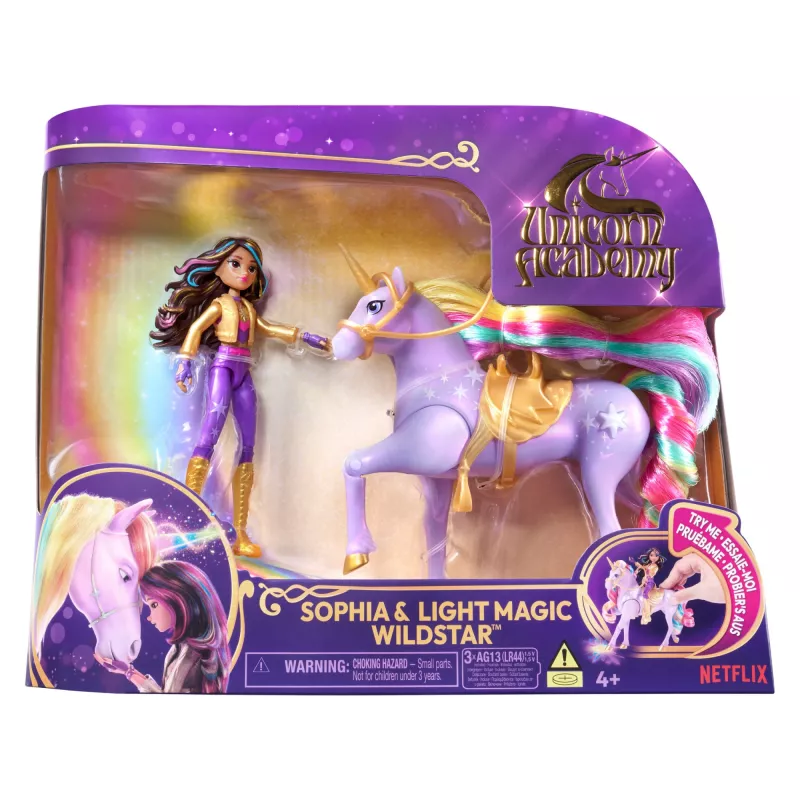 Lėlė Sophia su vienaragiu Wildstar ir vaivorykštės šviesos efektais, 241 mm, Unicorn Academy