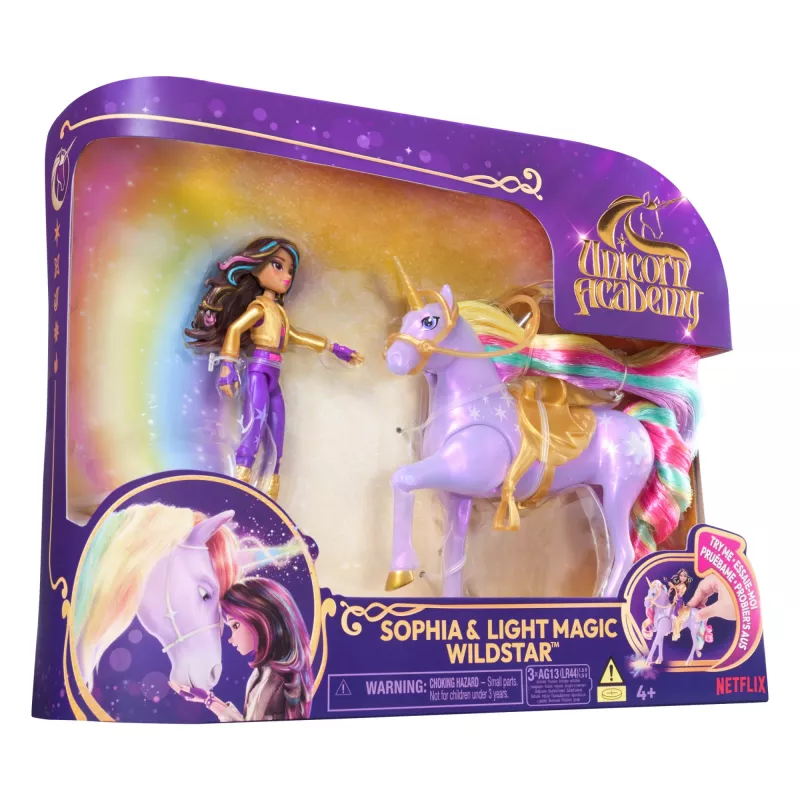 Lėlė Sophia su vienaragiu Wildstar ir vaivorykštės šviesos efektais, 241 mm, Unicorn Academy