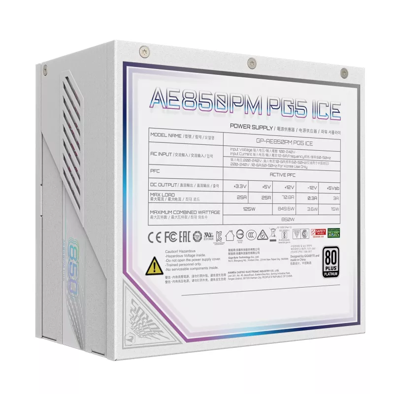Maitinimo blokas GIGABYTE AORUS ELITE P850W 850W ATX 80 PLUS Platinum pilnai modulinis baltas 120mm ventiliatorius