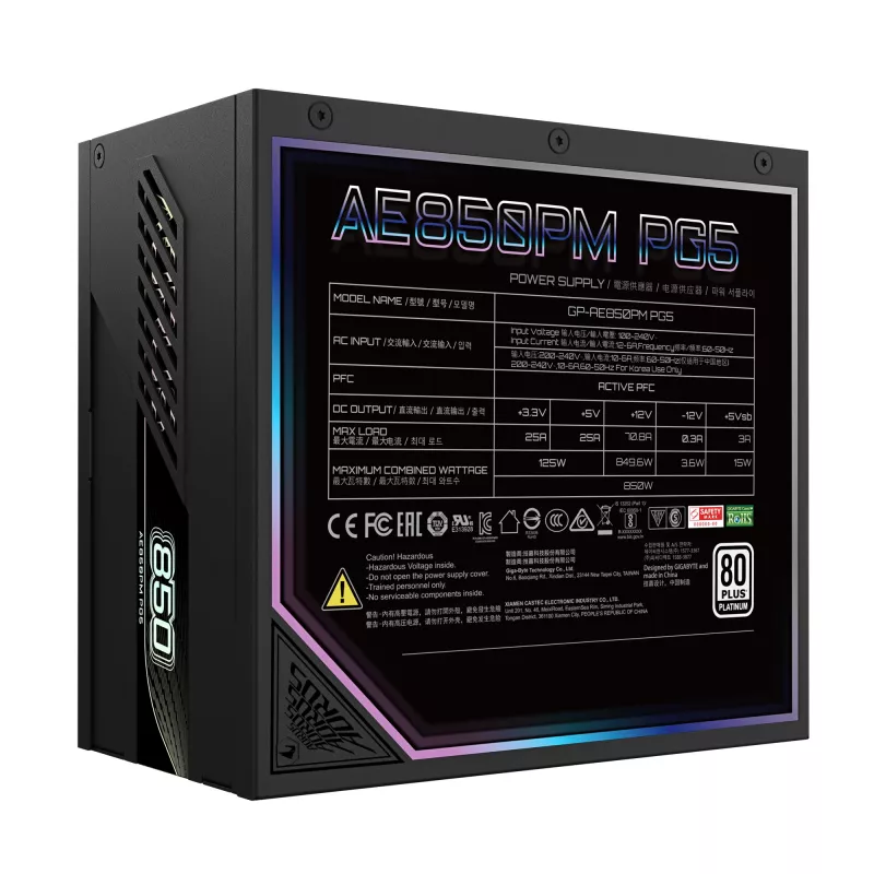 GIGABYTE AORUS ELITE P850W Maitinimo blokas - PCIe 5.0, 80 PLUS Platinum, visiškai modulinis, 120 mm ventiliatorius, ATX 3.0 suderinamas, EU kištukas