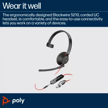 Ausinės HP Poly Blackwire 5210 Monofoninės USB-C + 3,5 mm kištukas + USB-C/A adapteris