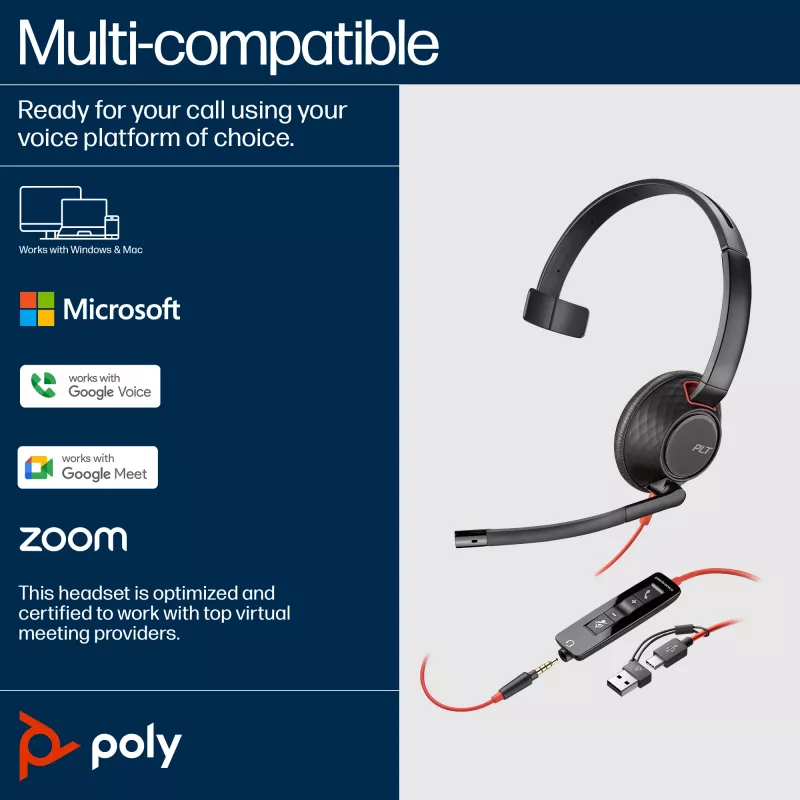 Ausinės HP Poly Blackwire 5210 Monofoninės USB-C + 3,5 mm kištukas + USB-C/A adapteris