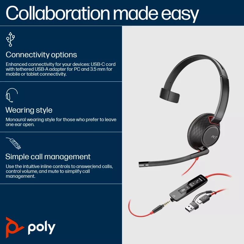 Ausinės HP Poly Blackwire 5210 Monofoninės USB-C + 3,5 mm kištukas + USB-C/A adapteris