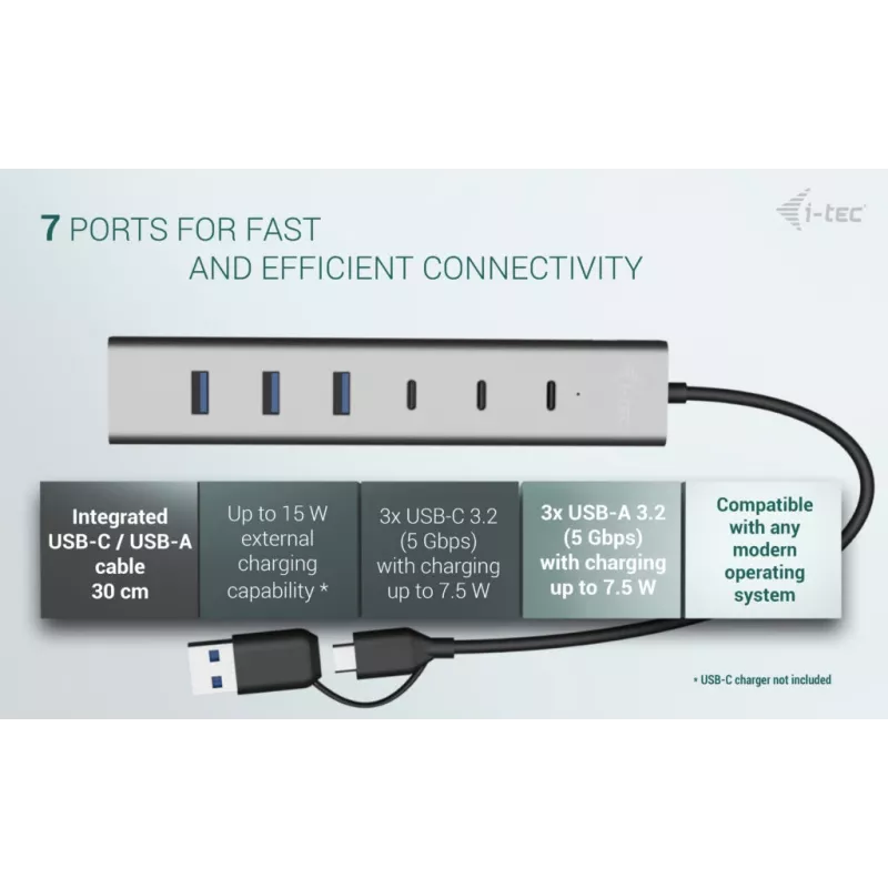 i-tec USB-C/USB-A Įkrovimo Metal HUB 7 prievadų (3x USB-C, 4x USB-A)