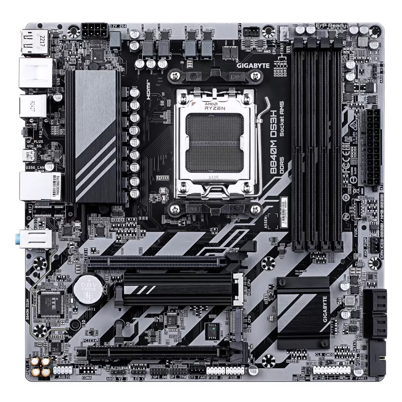 GIGABYTE B840M DS3H pagrindinė plokštė - AMD Ryzen 9000 procesoriams, 8+2+2 fazių VRM, iki 8200MHz DDR5, 2xPCIe 4.0 M.2, 2.5GbE LAN, USB 3.2 Gen 1