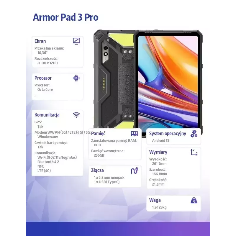 Planšetinis kompiuteris UleFone Armor Pad 3 Pro 10.36 col., aštuonių branduolių, 8 GB RAM, 256 GB atminties, Android