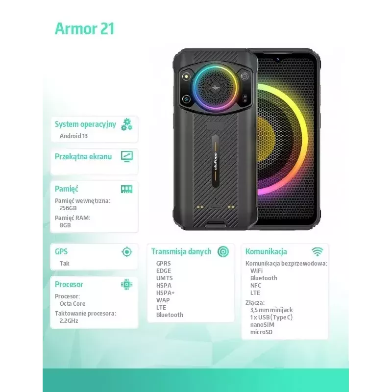 Išmanusis telefonas UleFone Armor 21 – 6,58 colių ekranas, 8 GB RAM, 256 GB atmintis, juoda