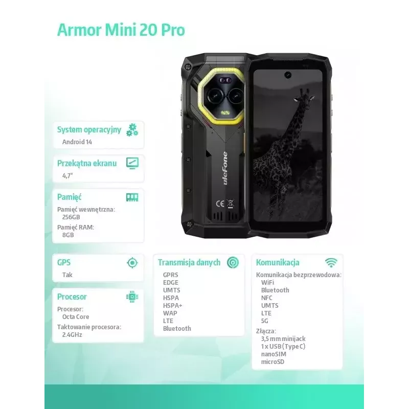 Išmanusis telefonas UleFone Armor Mini 20 Pro 4G 6,1 colio 8/256GB Juodas, energijos klasė B