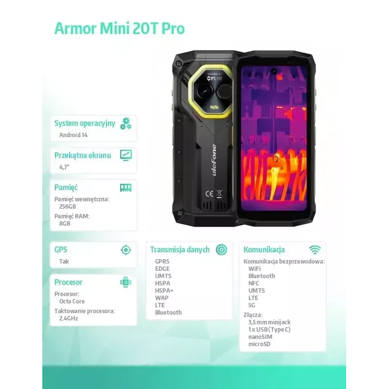 Išmanusis telefonas UleFone Armor Mini 20T Pro 5G, 4,7 colio ekranas, 8 GB RAM, 256 GB atmintis, Juoda