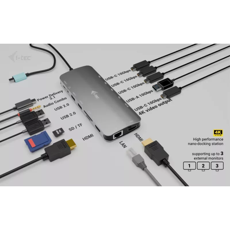 i-tec Metal USB-C Nano 3x Display Dock, 2x HDMI, 1x USB-C vaizdo + Power Delivery 140 W