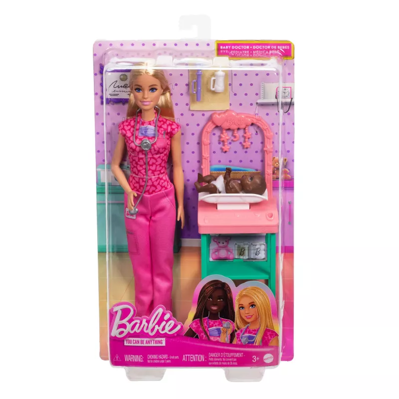 Barbie Baby Doctor lėlė su šviesiaplauke mados lėle, 1 kūdikio lėlė, baldai ir aksesuarai