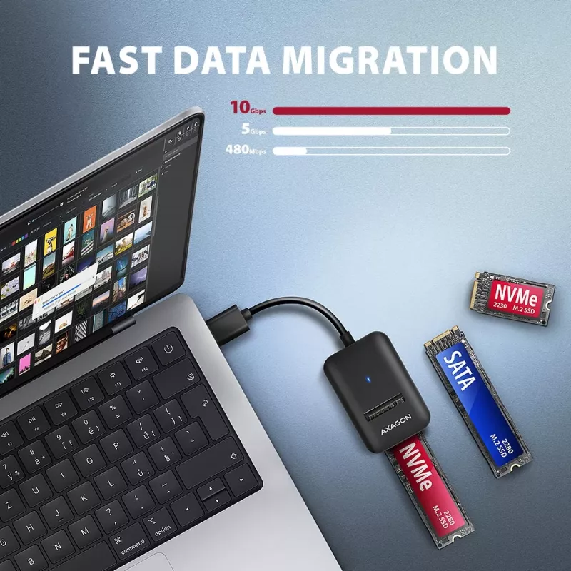 SSD korpusas AXAGON ADM2-AM USB-A 10Gbps vienam M.2 NVMe/SATA diskui, USB 3.2 Gen 2, 10 cm laidas, juodas