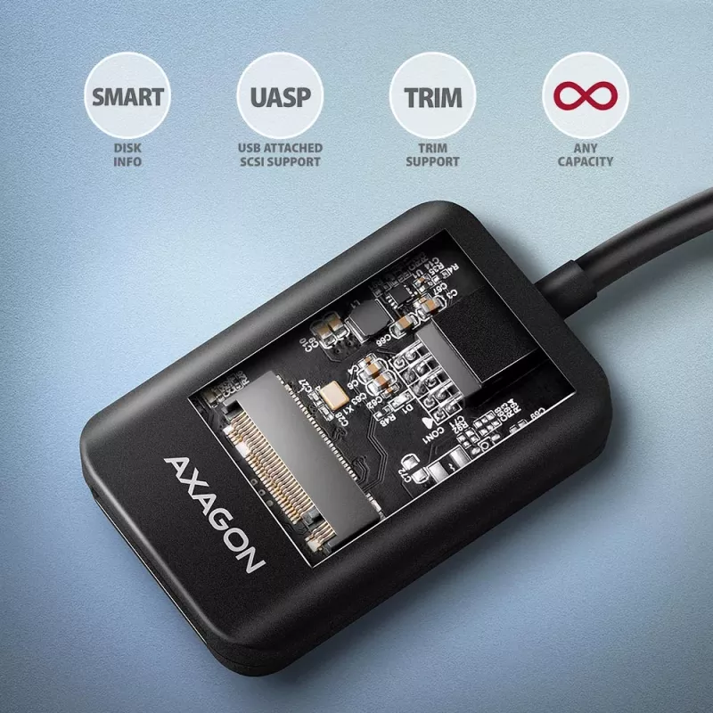 SSD korpusas AXAGON ADM2-AM USB-A 10Gbps vienam M.2 NVMe/SATA diskui, USB 3.2 Gen 2, 10 cm laidas, juodas