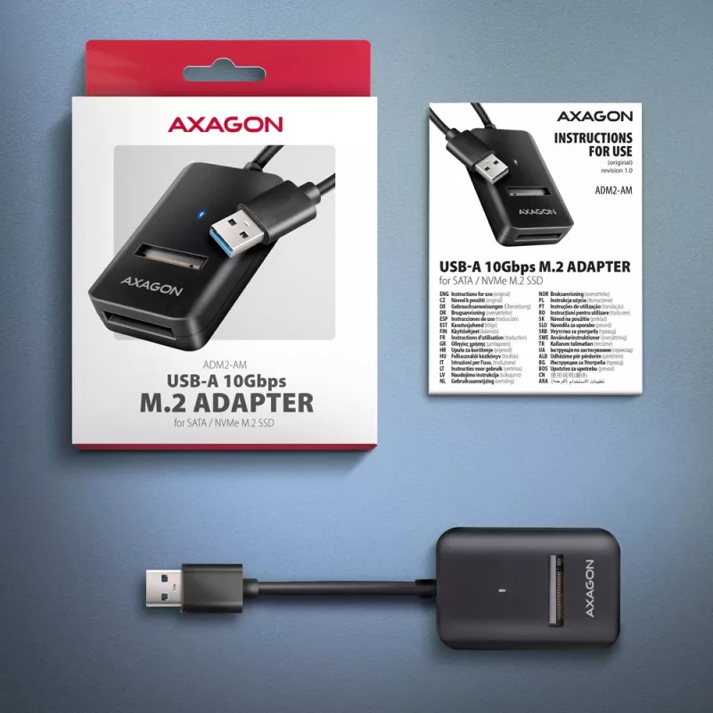 SSD korpusas AXAGON ADM2-AM USB-A 10Gbps vienam M.2 NVMe/SATA diskui, USB 3.2 Gen 2, 10 cm laidas, juodas