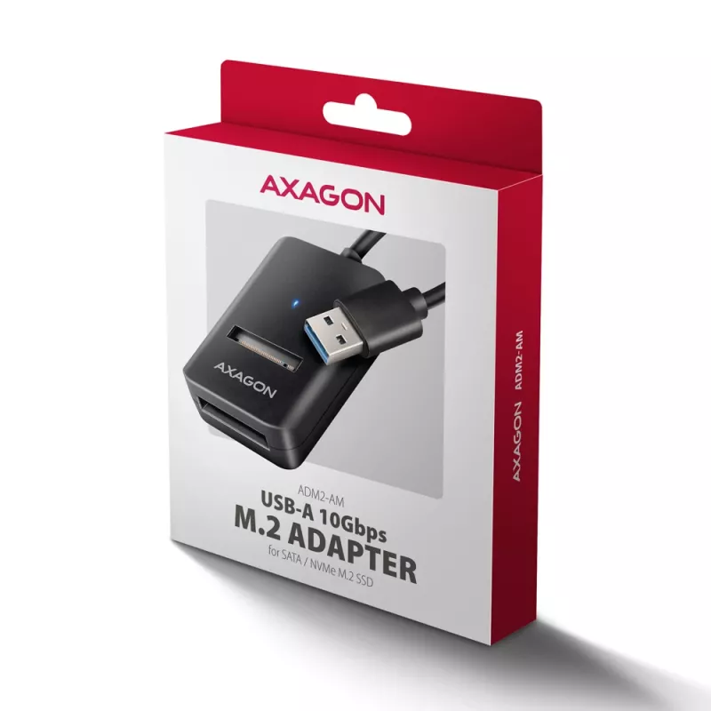 SSD korpusas AXAGON ADM2-AM USB-A 10Gbps vienam M.2 NVMe/SATA diskui, USB 3.2 Gen 2, 10 cm laidas, juodas