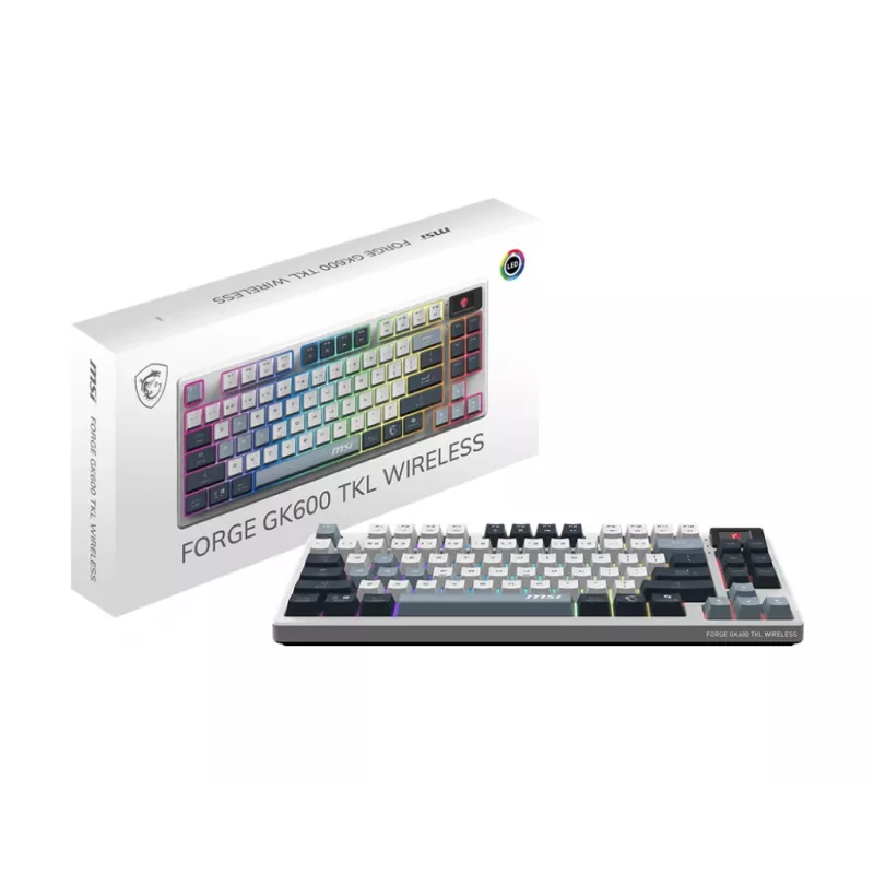 Mechaninė be laidų žaidimų klaviatūra MSI FORGE GK600 TKL belaidė USB + Bluetooth QWERTY UK anglų RGB mėlyna/balta