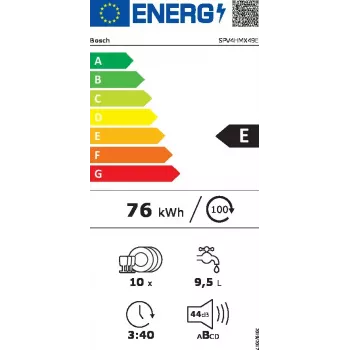 Integruojamas indaplovė Bosch Serie 4 SPV4HMX49E — siauras 45 cm, 10 vietų, 44 dB, 6 programų