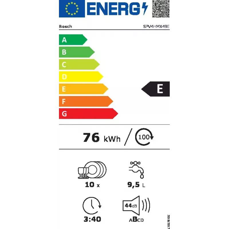 Integruojamas indaplovė Bosch Serie 4 SPV4HMX49E — siauras 45 cm, 10 vietų, 44 dB, 6 programų