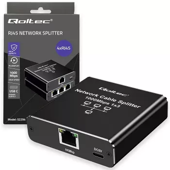 Ethernet skirstytuvas QOLTEC 52294 1x3 RJ45 su USB-C maitinimo įvadu