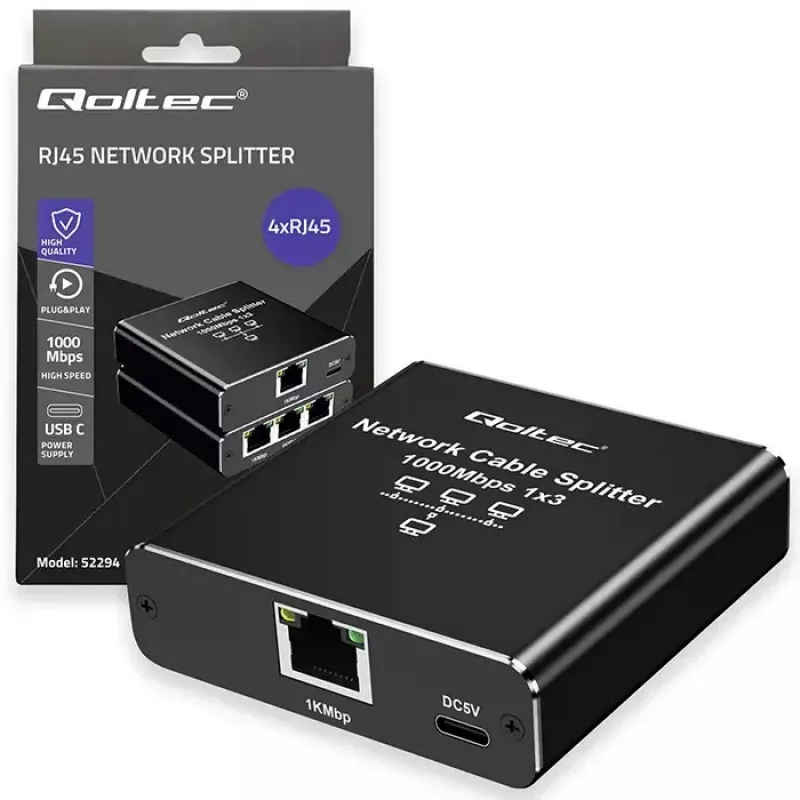 Ethernet skirstytuvas QOLTEC 52294 1x3 RJ45 su USB-C maitinimo įvadu