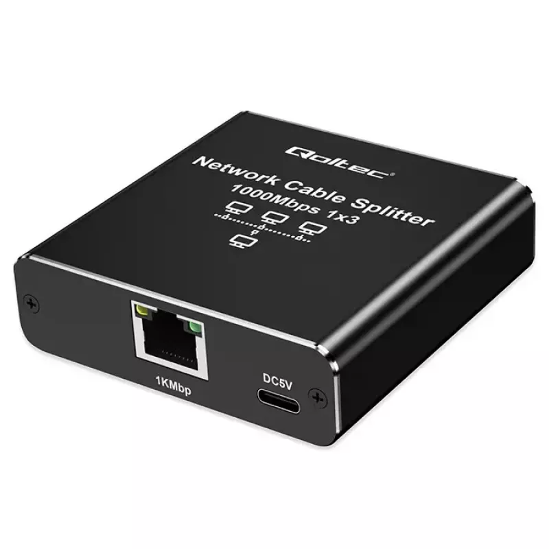 Ethernet skirstytuvas QOLTEC 52294 1x3 RJ45 su USB-C maitinimo įvadu