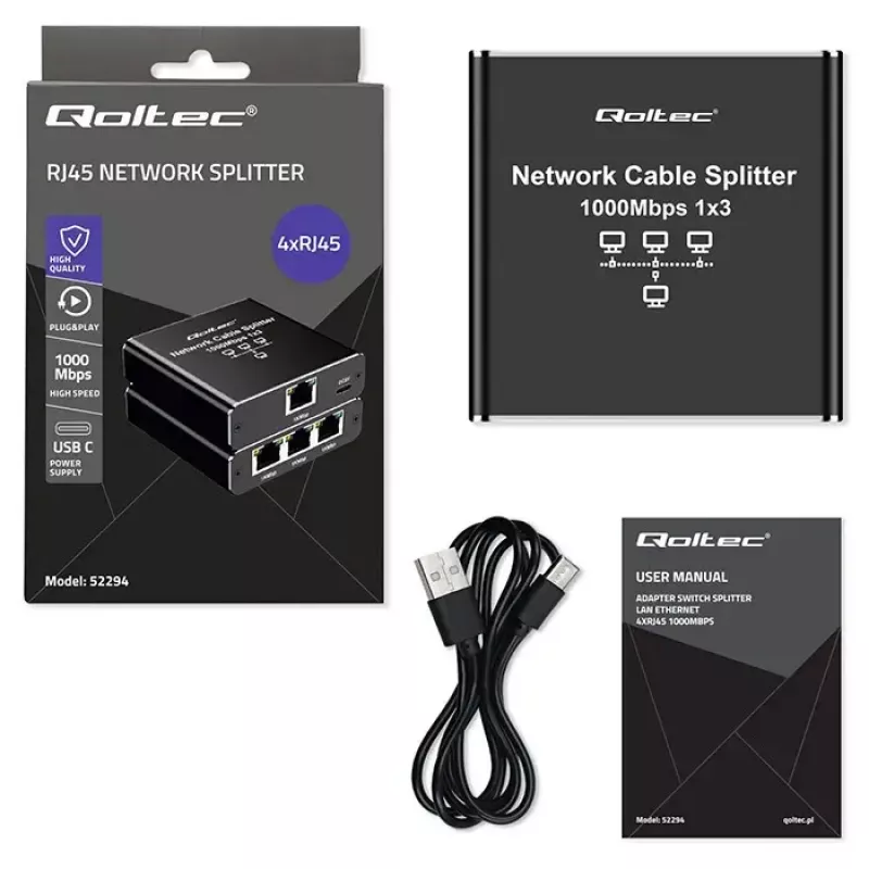 Ethernet skirstytuvas QOLTEC 52294 1x3 RJ45 su USB-C maitinimo įvadu