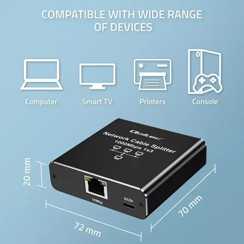 Ethernet skirstytuvas QOLTEC 52294 1x3 RJ45 su USB-C maitinimo įvadu
