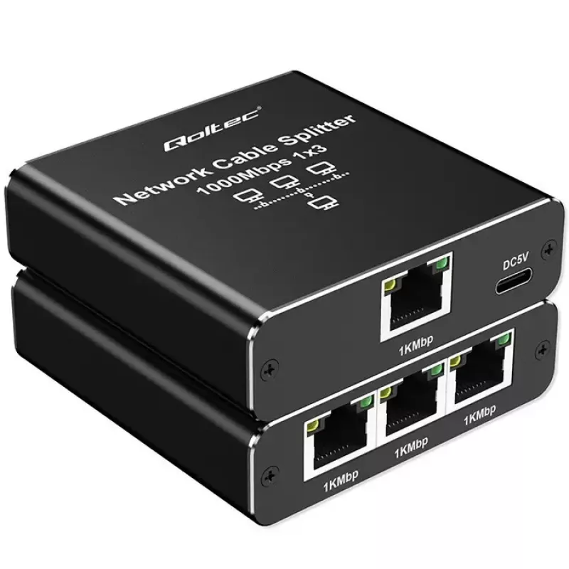 Ethernet skirstytuvas QOLTEC 52294 1x3 RJ45 su USB-C maitinimo įvadu