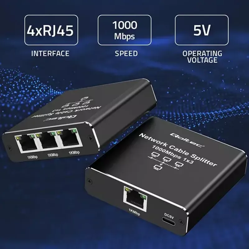 Ethernet skirstytuvas QOLTEC 52294 1x3 RJ45 su USB-C maitinimo įvadu
