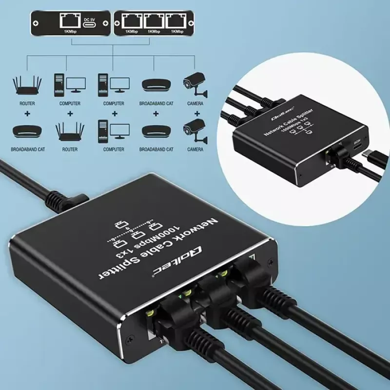 Ethernet skirstytuvas QOLTEC 52294 1x3 RJ45 su USB-C maitinimo įvadu