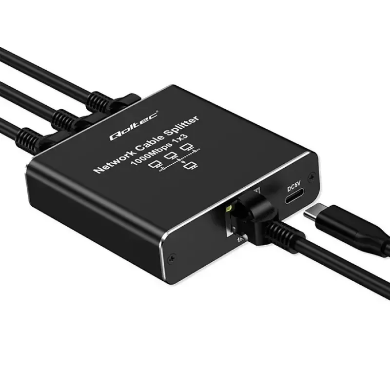 Ethernet skirstytuvas QOLTEC 52294 1x3 RJ45 su USB-C maitinimo įvadu