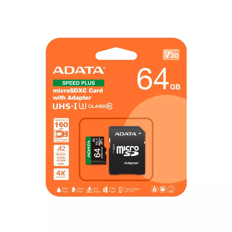 MicroSDXC atminties kortelė ADATA Speed Plus 64GB UHS-I U3, V30, A2