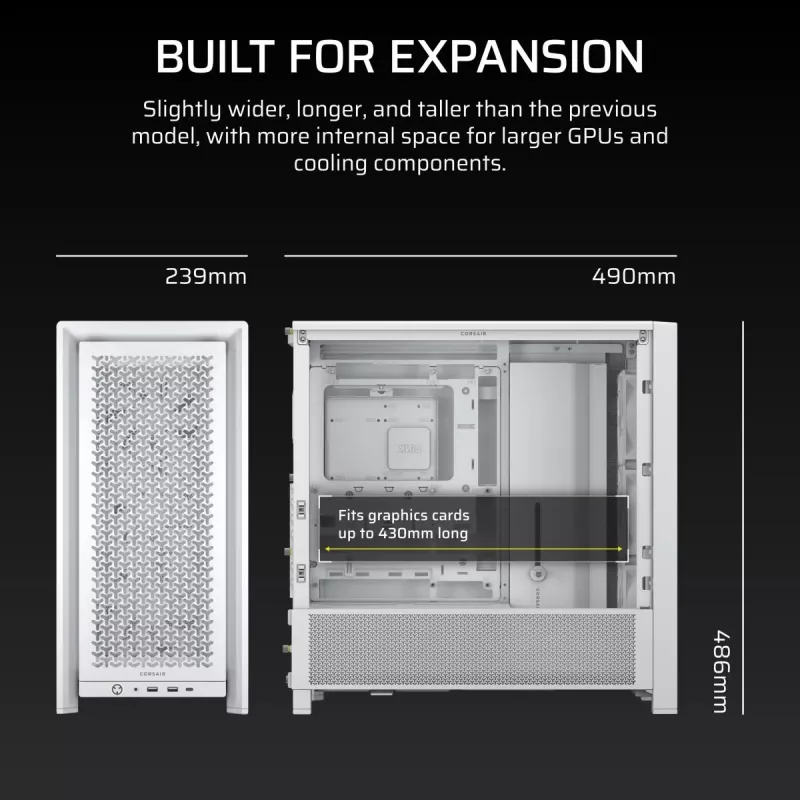 Korpusas CORSAIR FRAME 4000D RS Midi Tower White — ATX, grūdintas stiklas, 3x120mm priekiniai ventiliatoriai, palaiko 360/240/140mm radiatorius