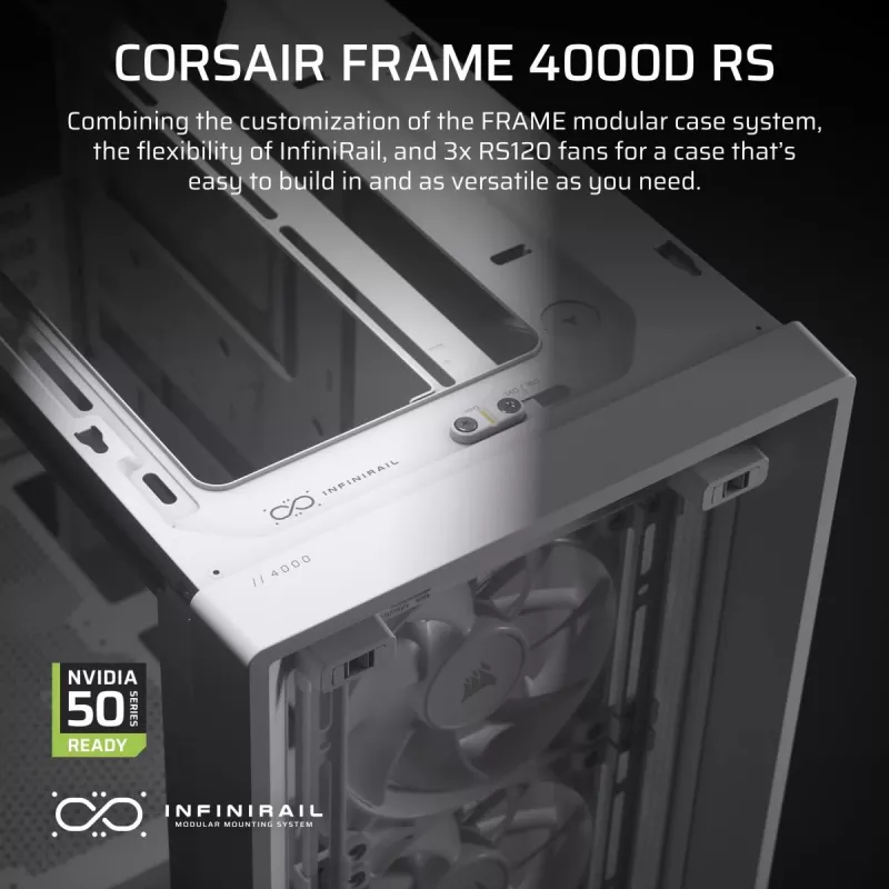 Korpusas CORSAIR FRAME 4000D RS Midi Tower White — ATX, grūdintas stiklas, 3x120mm priekiniai ventiliatoriai, palaiko 360/240/140mm radiatorius