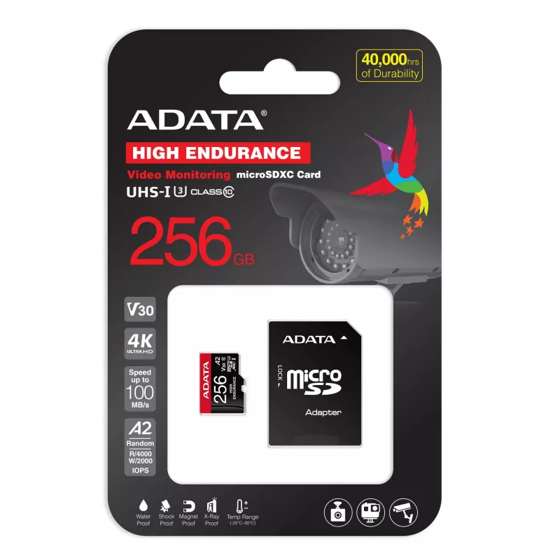 ADATA AUSDX256GUI3V30SHA2-RA1 256 GB microSDXC atminties kortelė UHS-I Class 10 V30 (skaitymas 100 MB/s, rašymas 80 MB/s) su SD adapteriu