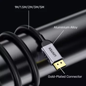 DisplayPort kabelis Unitek C1628GY01-2M — 2 m, DisplayPort 2.1, 7680×4320 iki 240 Hz, 32.4 kanalų, alavuotas varis