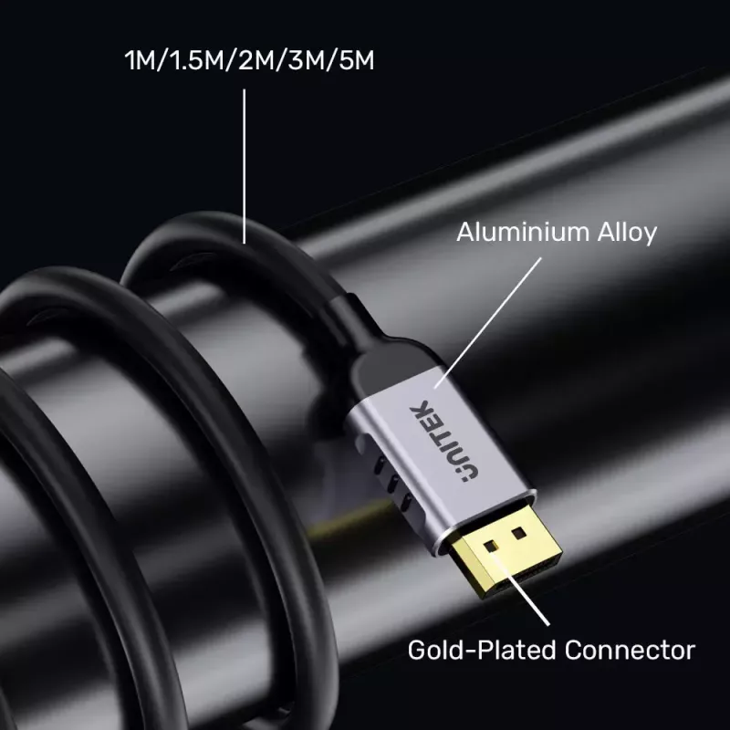 DisplayPort kabelis Unitek C1628GY01-2M — 2 m, DisplayPort 2.1, 7680×4320 iki 240 Hz, 32.4 kanalų, alavuotas varis